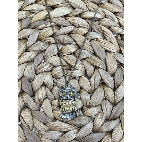 Vintage Mixed Metal Articulated Owl Pendant Necklace With Yellow Stone Eyes - Picture 2 of 7